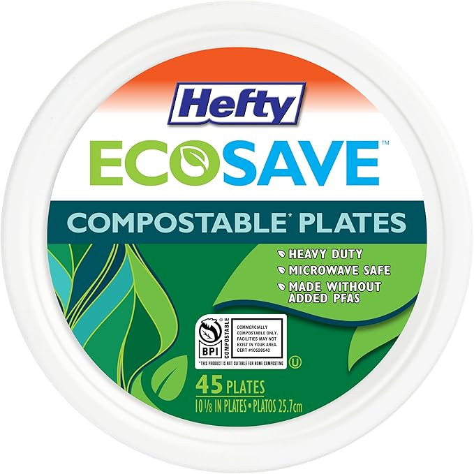 Hefty ECOSAVE Compostable Paper Plates, 10-1/8 Inch, 45 Count | Amazon (US)
