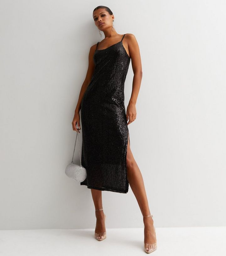 Black Sequin Scoop Neck Strappy Midi Slip Dress | New Look | New Look (UK)