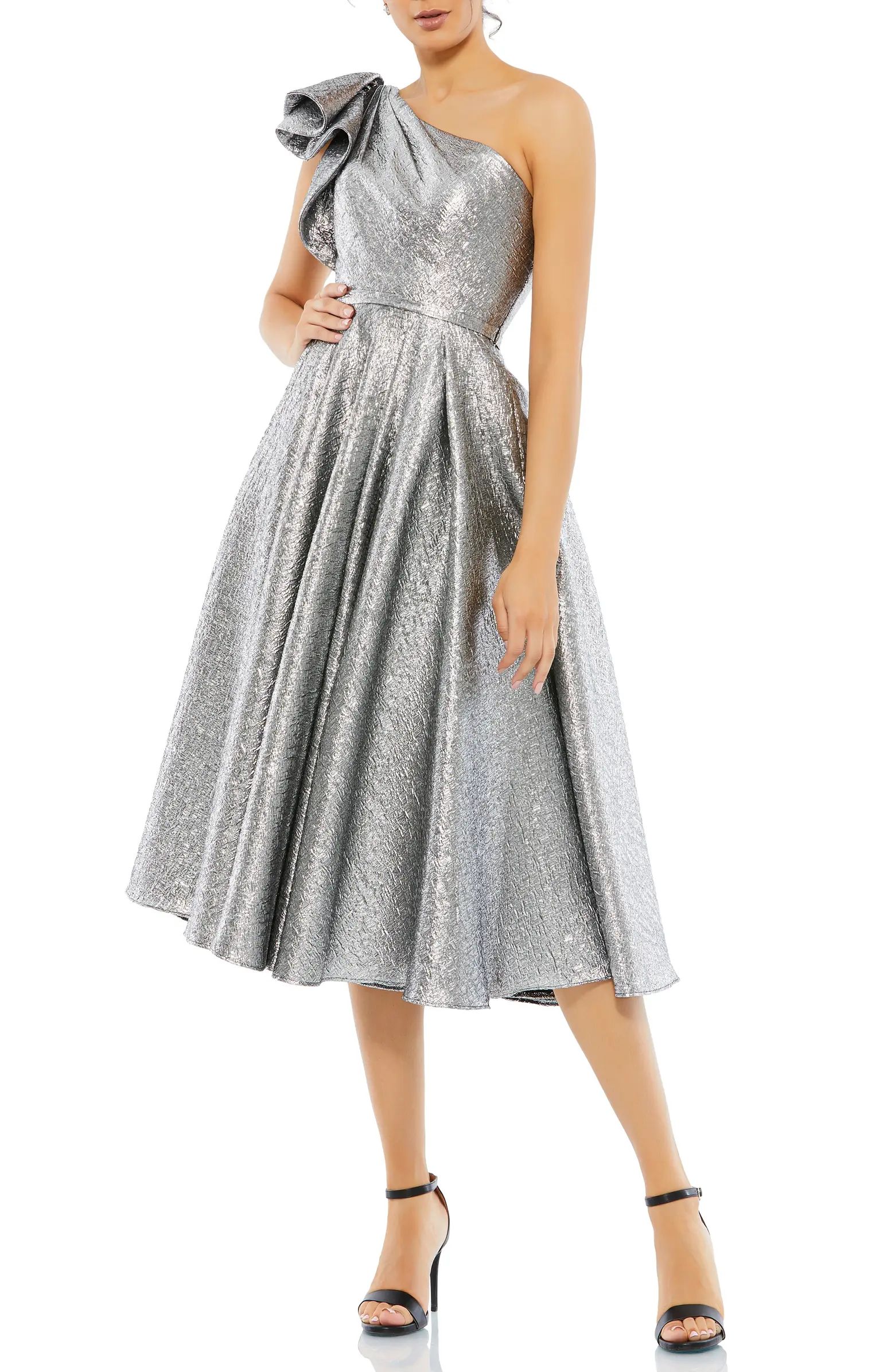 One-Shoulder Metallic Brocade Midi Cocktail Dress | Nordstrom