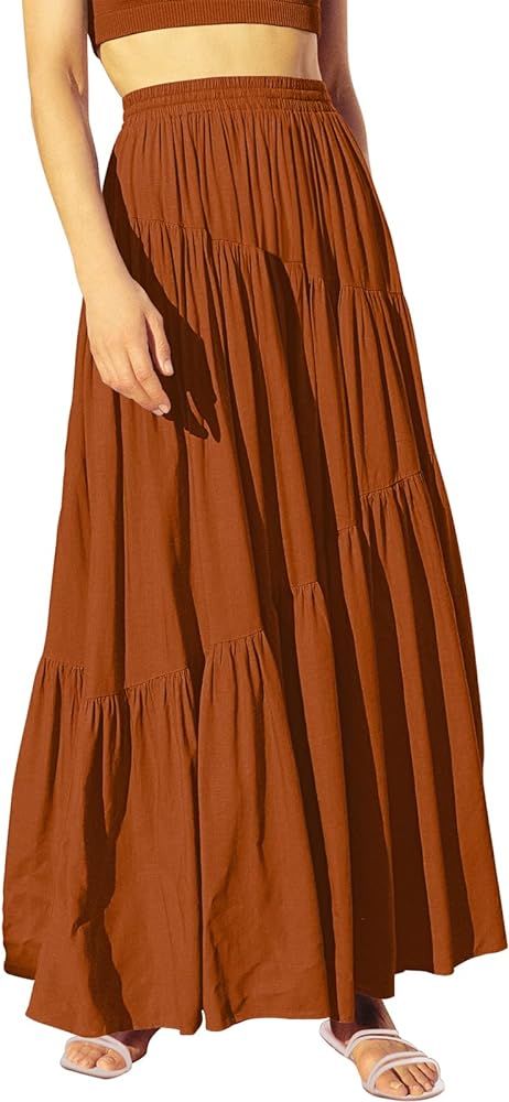 ANRABESS Women’s Boho Elastic High Waist Pleated A-Line Flowy Swing Asymmetric Tiered Maxi Long... | Amazon (US)