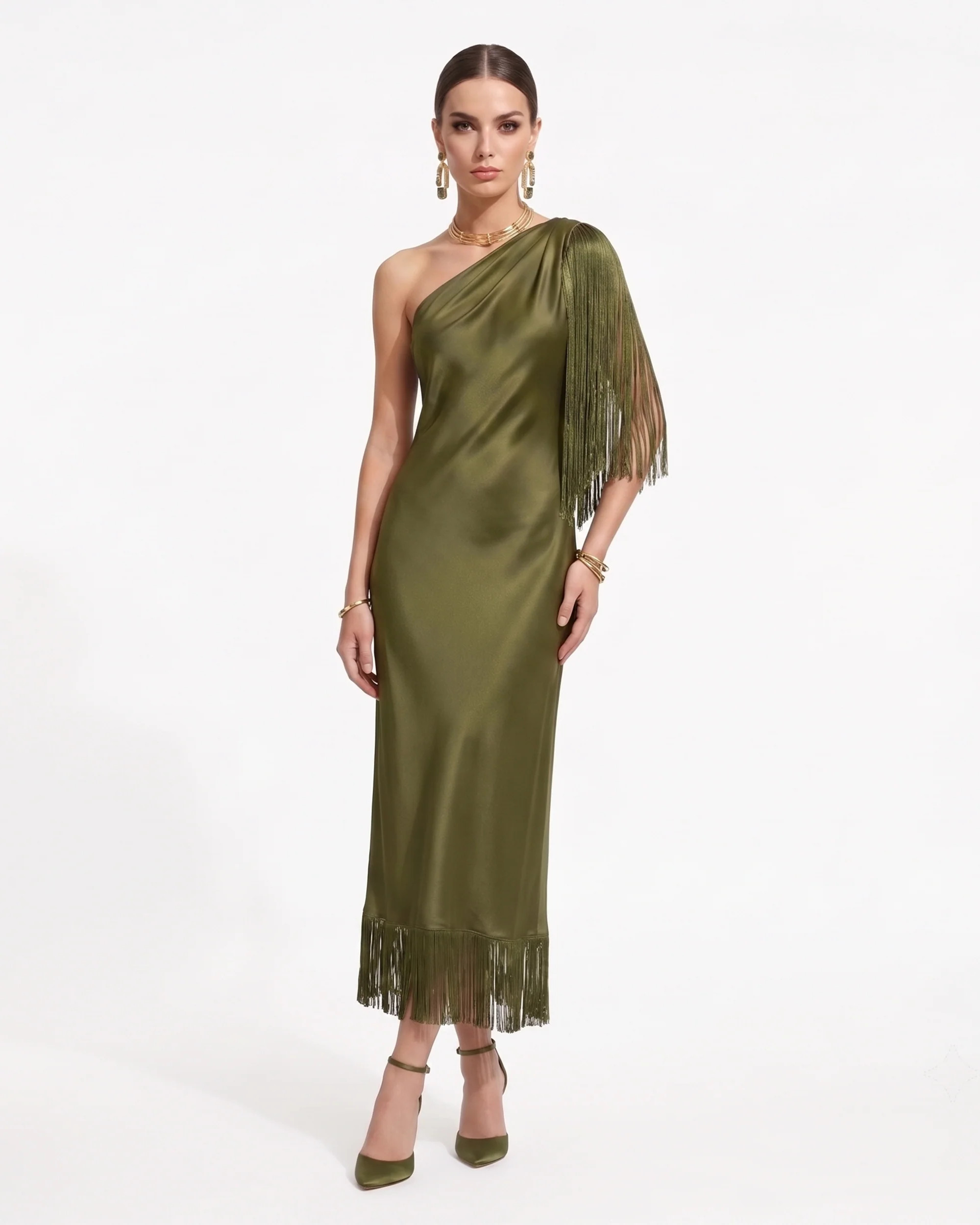 One Shoulder Fringe Midi Dress - Olive Green | JW PEI US