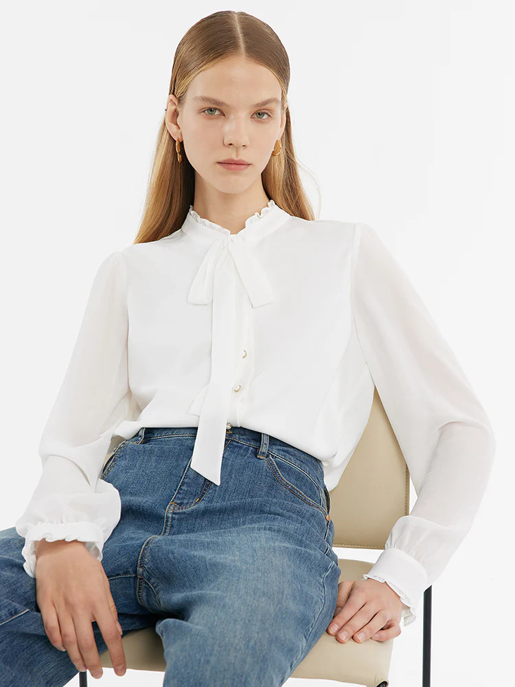 Bow Tie Ruffle Collar Women Shirt - White / L | GOELIA