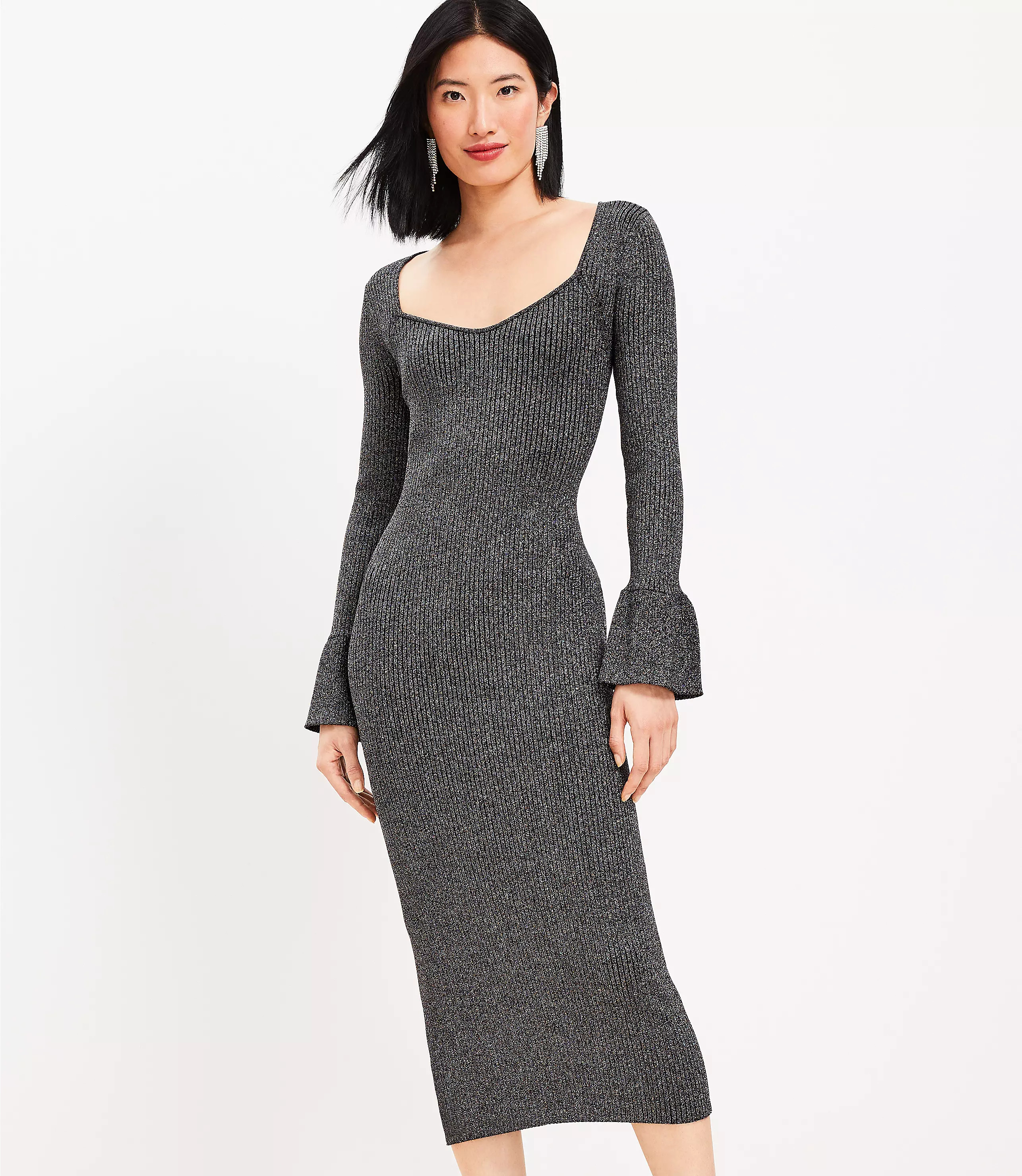 Petite Ribbed Trumpet Sleeve Midi Sweater Dress | LOFT
