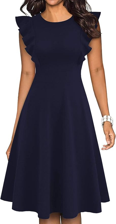 Amazon.com: IHOT Women's Ruffle Sleeve A Line Swing Midi Length Elegant Vintage Dress with Pocket... | Amazon (US)