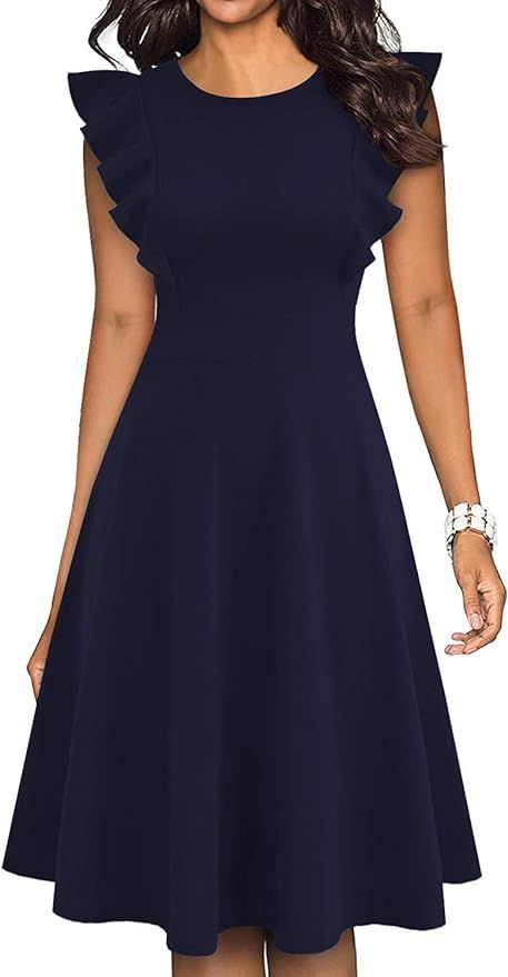 Amazon.com: IHOT Women's Ruffle Sleeve A Line Swing Midi Length Elegant Vintage Dress with Pocket... | Amazon (US)
