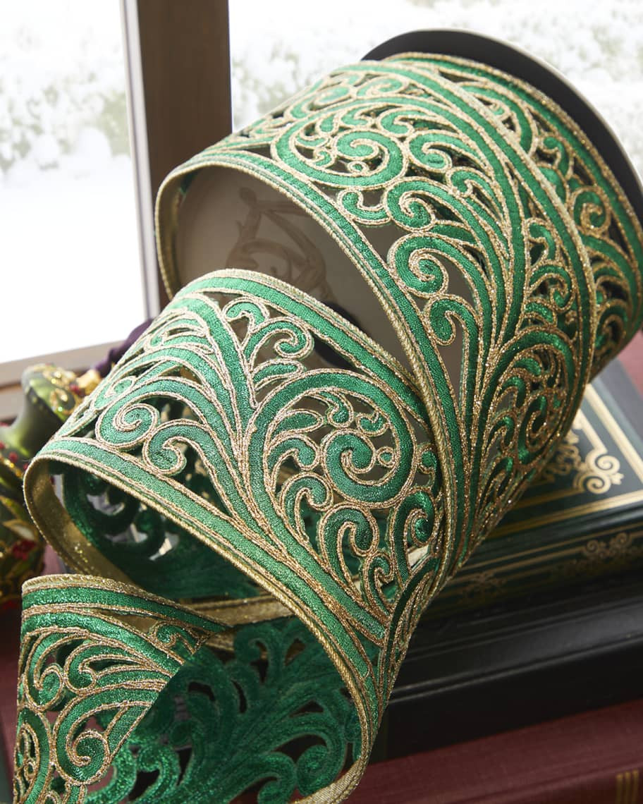 D. Stevens Metallic Scroll Garland Ribbon, 3.5"W x 10 Yards | Neiman Marcus