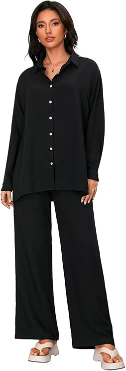 Floerns Women's 2 Piece Outfits Slit Hem Longline Blouse and Wide Leg Pants Set | Amazon (US)