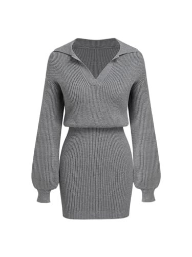 CIDER Womens Ribbed Knit Sweater Dress Long Sleeve V Neck Mini Cozy Dress Collared 2025 Fall Dresses Grey | Amazon (US)