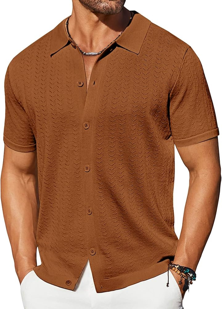 COOFANDY Men's Knit Shirts Short Sleeve Button Down Shirt Casual Summer Beach Shirt | Amazon (US)