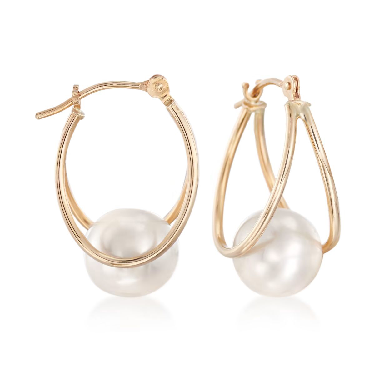 8-9mm Cultured Pearl Double-Hoop Earrings in 14kt Yellow Gold. 3/4" | Ross-Simons