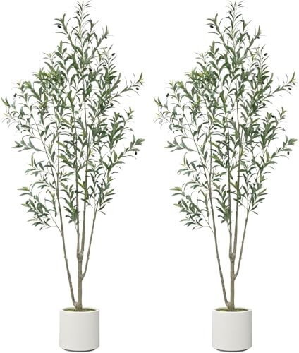 Olive Trees Artificial Indoor, 6FT 2PCS Fake Tree with White Tall Pot, Realistic Leaves & Natural Wood Trunk, Faux Palm Plant for Home Office Bedroom Decor | Amazon (US)