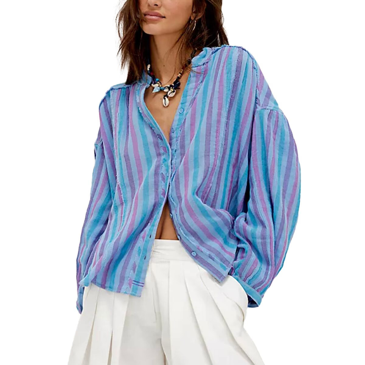 Free People Striped Valley Double Cloth Shirt - Women's Blue Combo, M | Backcountry