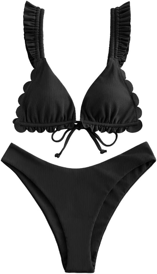 ZAFUL Women's Spaghetti Strap Tie Back Ruffle Triangle Bikini Set Swimsuit | Amazon (US)