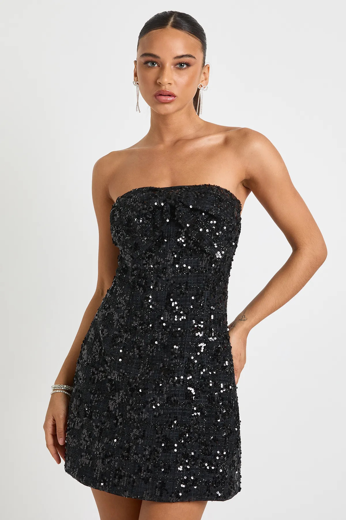 Bow Detail Boucle Sequin Shift Mini Dress | Boohoo.com (UK & IE)