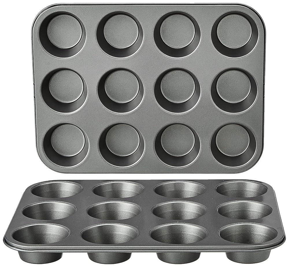 Amazon Basics Nonstick Round Muffin Baking Pan, 12 Cups, Set of 2, Gray, 13.9x10.55x1.22" | Amazon (US)
