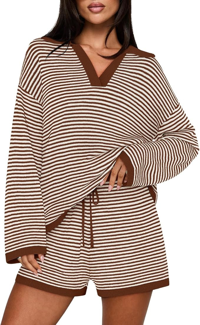 MEROKEETY Lounge Sweater Sets for Women 2 Piece Outfits Casual Long Sleeve Striped Tops Shorts Ma... | Amazon (US)