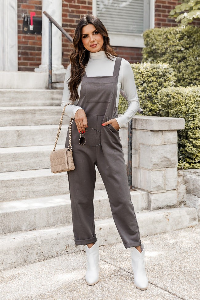 Stuck In The Moment Charcoal Knit Overalls | Pink Lily