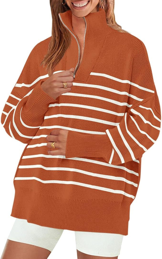 ZESICA Women's Striped 1/4 Zipper Sweater 2023 Long Sleeve Ribbed Knit Loose Oversized Chunky Pul... | Amazon (US)