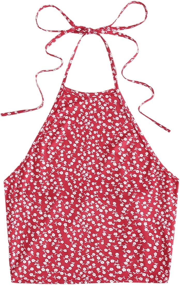 SweatyRocks Women's Vintage Print Halter Neck Crop Top | Amazon (US)