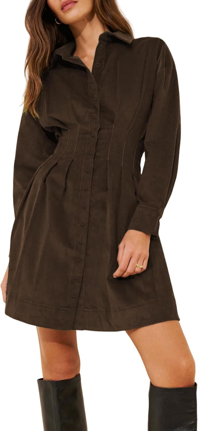 Huaqiao Womens Faux Suede Pleated Button Down Shirt Dress Long Sleeve Casual Collared Y2K Corset Mini Dress | Amazon (US)