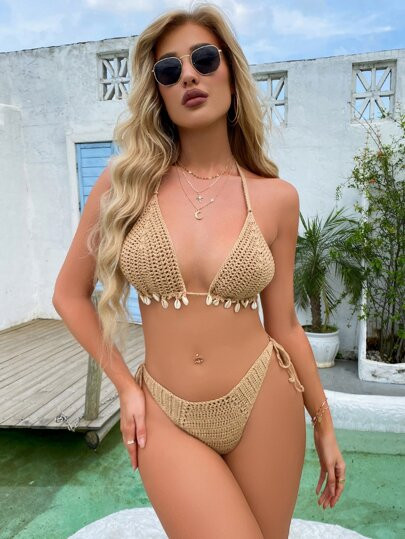 Shell Detail Halter Tie Side Bikini Swimsuit | SHEIN