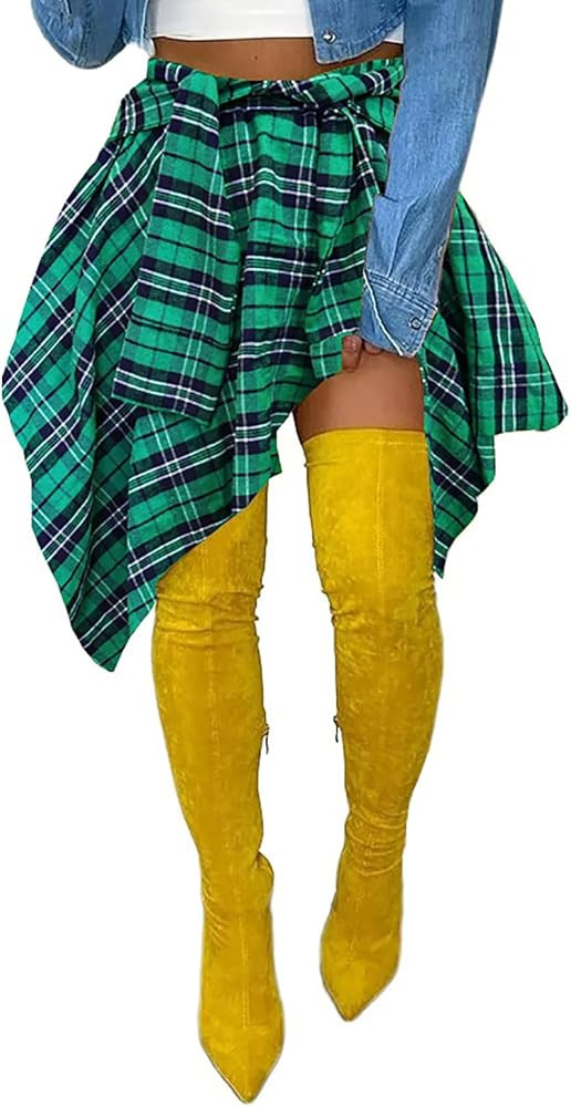 Womens Plaid Skirts Elastic High Waist Tie Front Asymmetrical Hem Pleated Mini Skirt | Amazon (US)