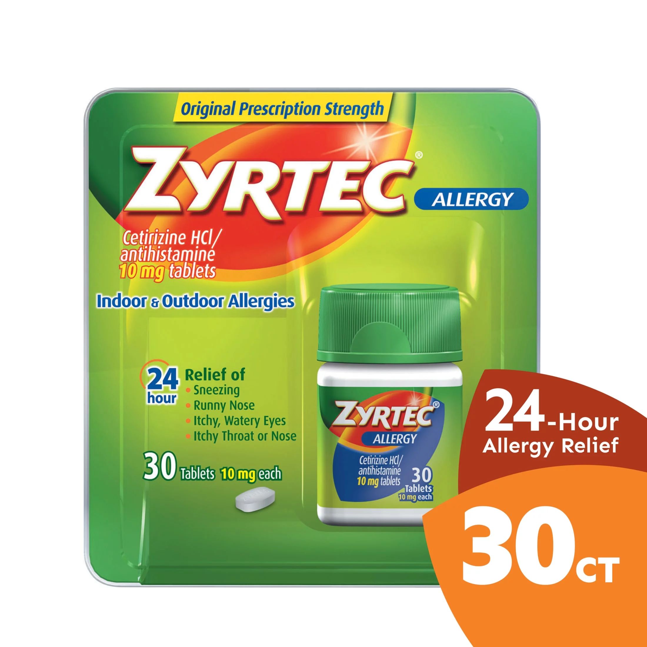 Zyrtec 24 Hour Allergy Relief Tablets with 10 mg Cetirizine HCl, 30 ct - Walmart.com | Walmart (US)