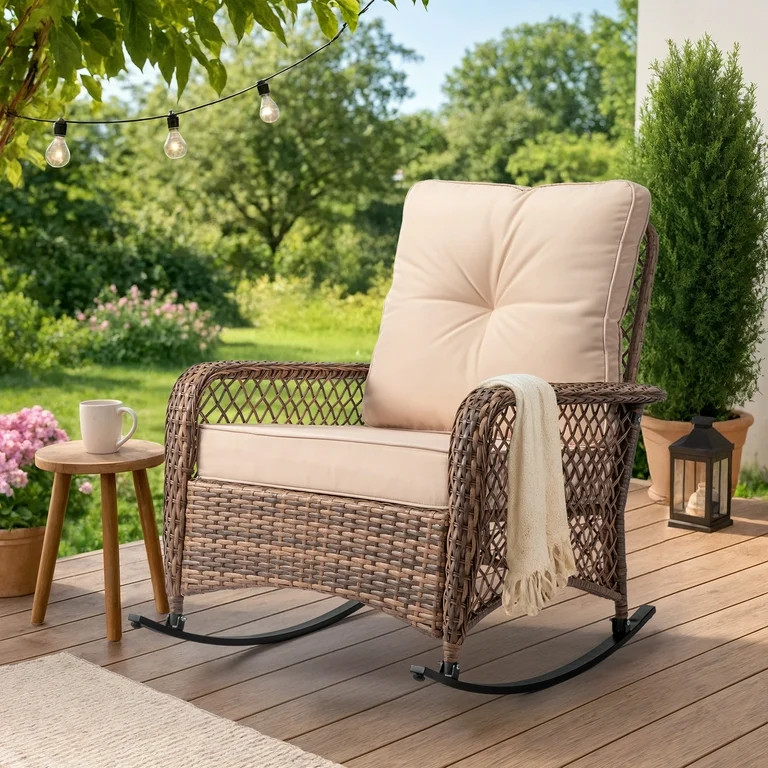 UBesGoo Wicker Rocking Chair for Patio with Cushion, Large Handwoven Rattan Chair, Outdoor Lounge... | Walmart (US)
