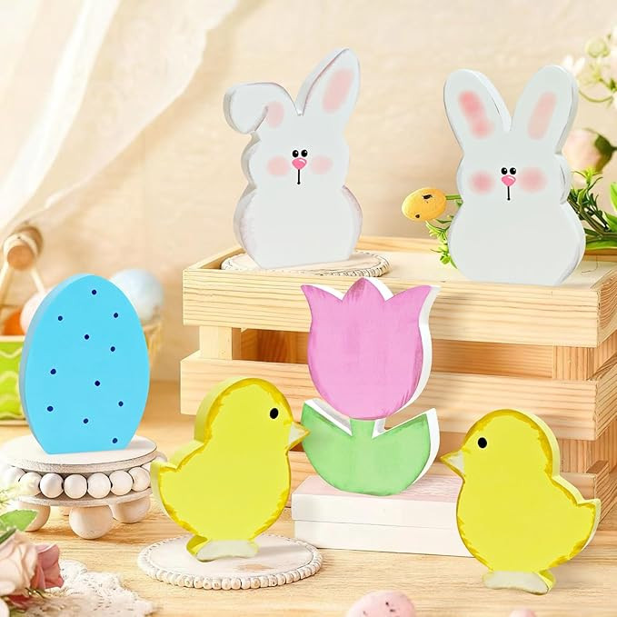 Easter Decorations,6 Pcs Bunny Decor Desk Decor Wooden Box Sign Easter Gift Wood Block Plaque Box... | Amazon (US)