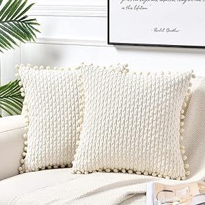 Fancy Homi Set of 2 Boho Cream Decorative Throw Pillow Covers 18x18 Inch with Pom-poms for Couch ... | Amazon (US)