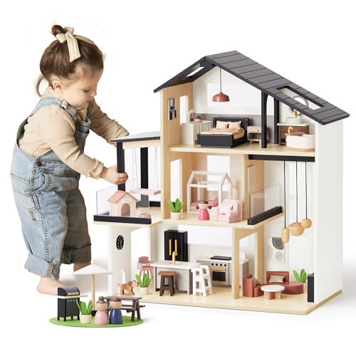 Tiny Land Doll House, Modern Family Dollhouse with Realistic Design, Wooden Dollhouse with 53Pcs Furniture - Ideal Gift for Kids Ages 3+ | Amazon (US)