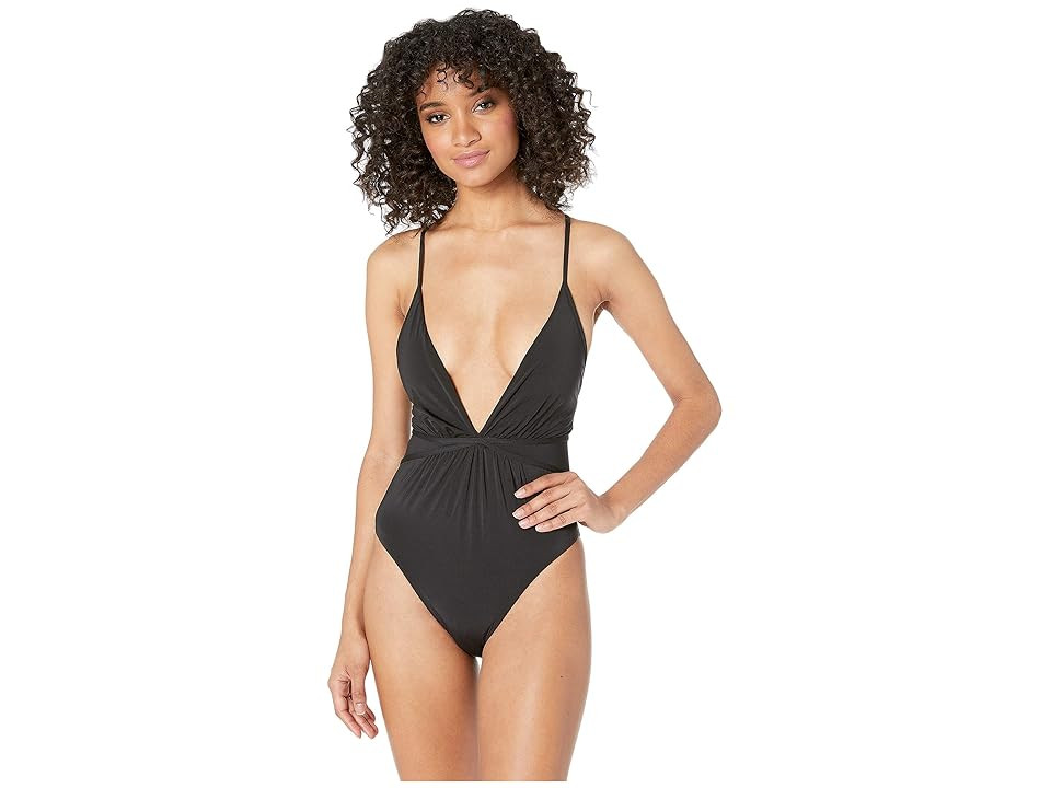 BCBG Core Solids Shirr Plunge One-Piece Swimsuit (Black) Women's Swimsuits One Piece | Zappos