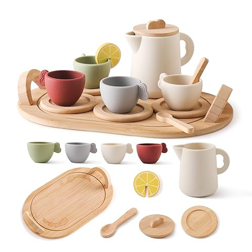 Youuys Wooden Tea Party Set for Toddler 3-5,Kids Tea Sets for Little Girls 4-6, 14pcs Silicone Kitchen Accessories, Pretend Play Montessori Toys with Tray for 3 4 5 6 Year Old Birthday | Amazon (US)