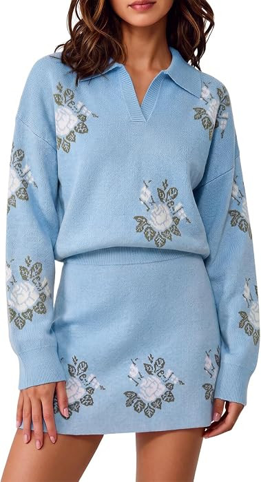 Wenrine Womens 2 Piece Outfits Floral Collared V Neck Fall Knit Skirt Sets | Amazon (US)