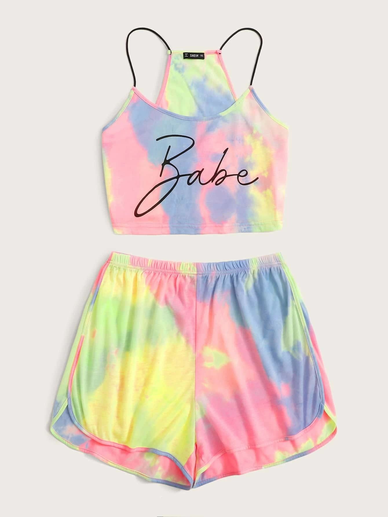 SHEIN Plus Racerback Letter Graphic Tie Dye Cami Top & Shorts Set | SHEIN