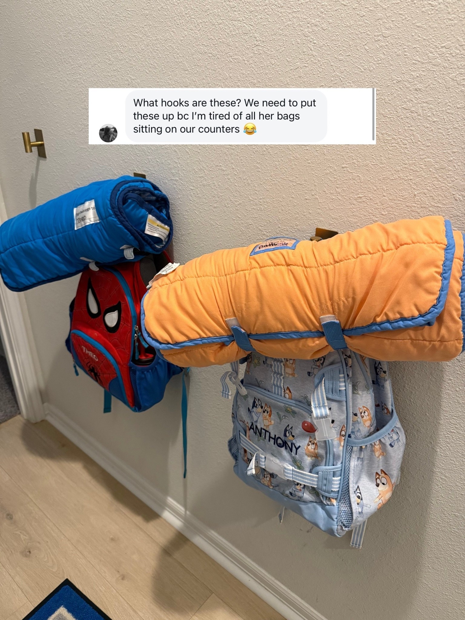 Sturdy hooks for backpacks//mud room