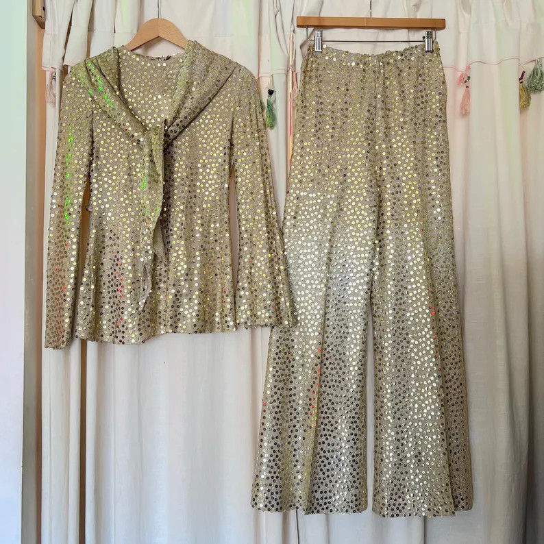 70s Mollie Parnis 3 Piece Gold Sequin Pant Set | Etsy (Global)