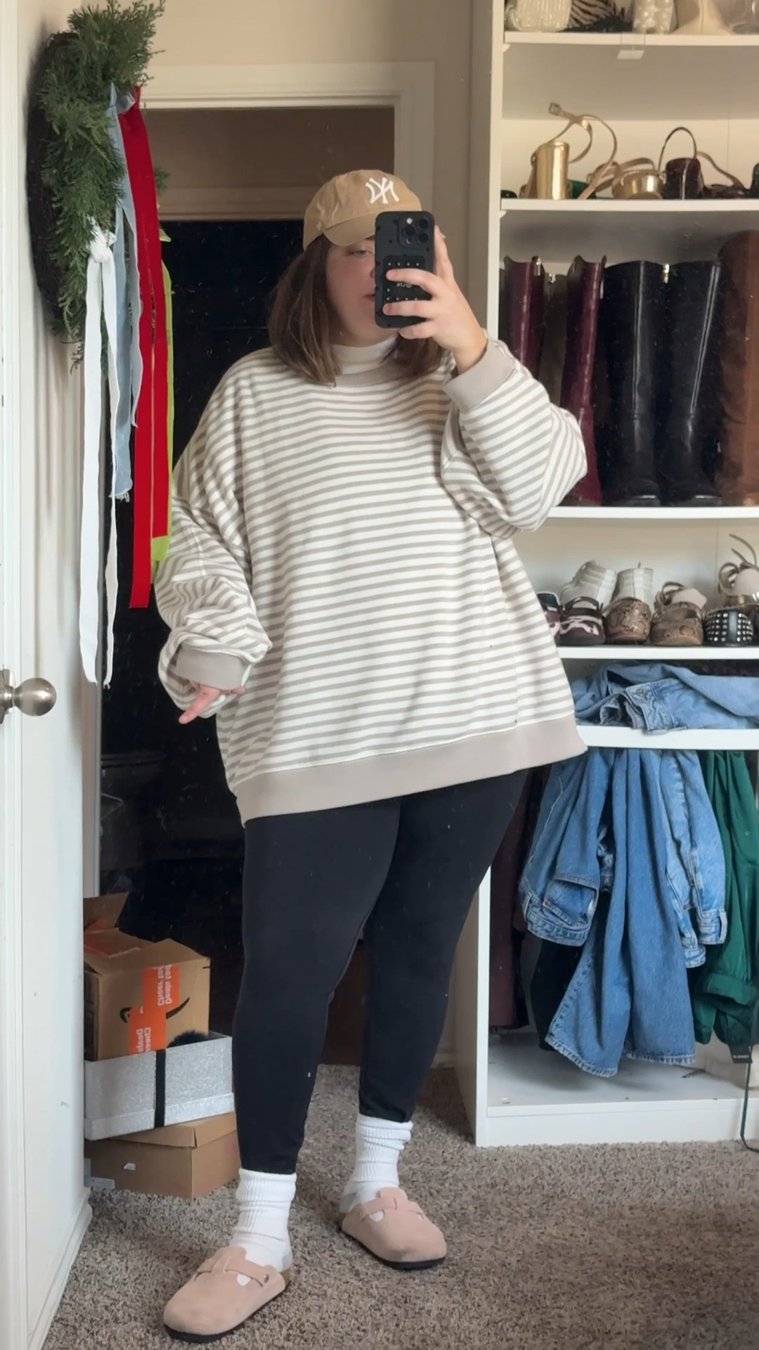 Casual winter outfit wearing xxl in stripe pullover xl in leggings 

#LTKPlusSize