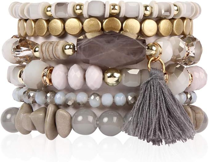 RIAH FASHION Coin Bead Multi Layer Versatile Statement Bracelets - Stackable Beaded Strand Stretc... | Amazon (US)