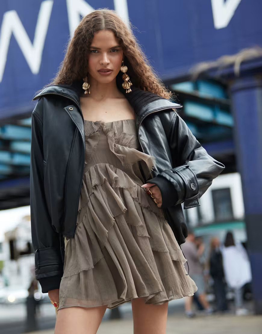 ASOS DESIGN oversized funnel neck leather look jacket in black | ASOS (Global)