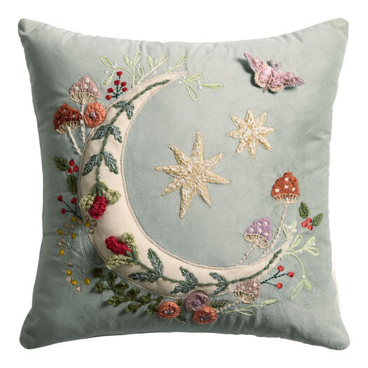 Slate Blue Velvet Moon Embroidered Throw Pillow by World Market | World Market