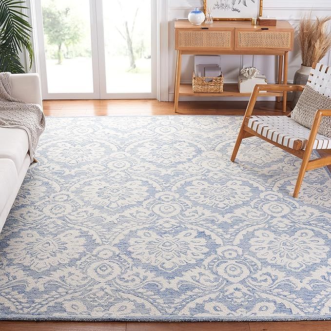 SAFAVIEH Blossom Collection 8' x 10' Blue/Ivory BLM106M Handmade Premium Wool Area Rug | Amazon (US)