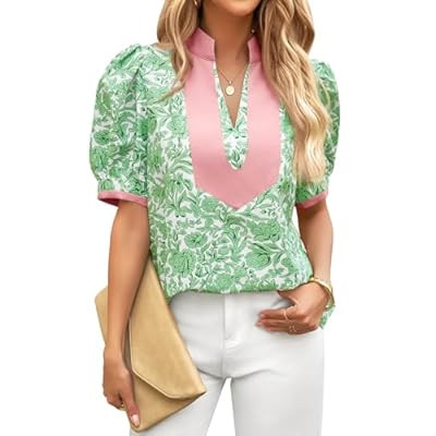 Cicy Bell Womens Floral Short Puff Sleeve Blouses V Neck Patchwork Boho Summer Tops… | Amazon (US)