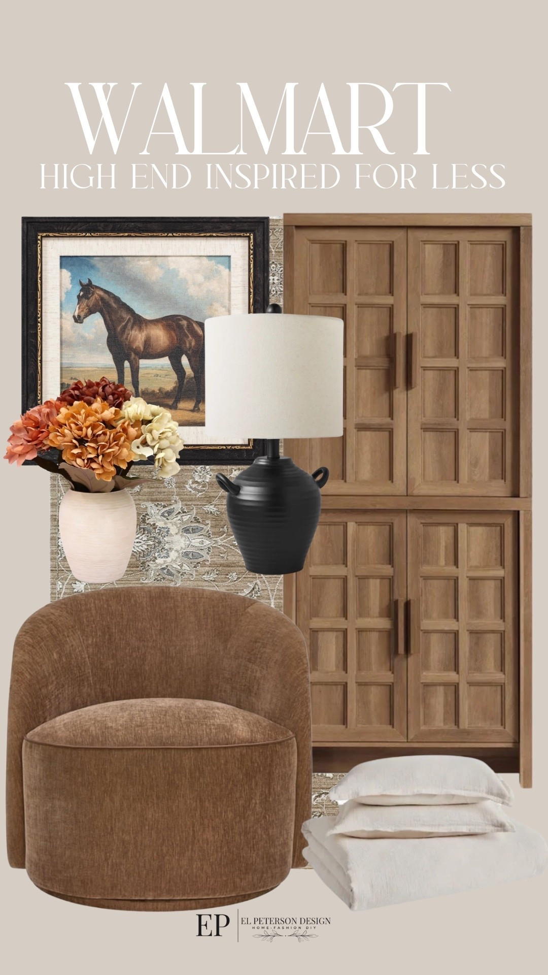 Walmart
Tall accent cabinet
Table lamp
Potted flowers
Artwork
Rug
Accent Chair

#LTKHome