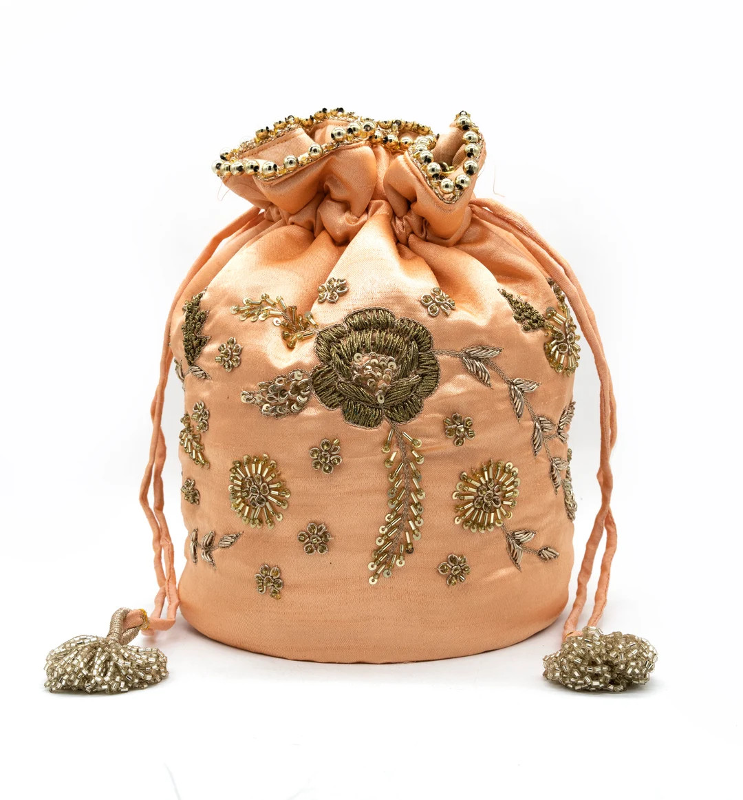 Peach Silk Wedding Potli Purse: Golden Zardosi Embroidery Handbag - Etsy | Etsy (US)