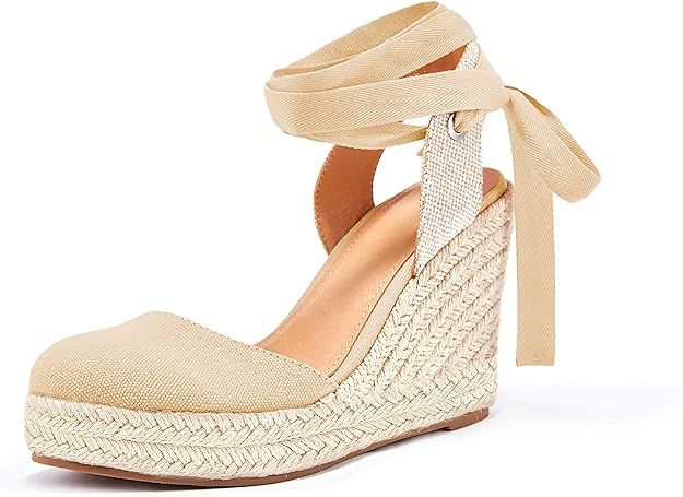 Nailyhome Womens Espadrille Wedge Sandals Closed Toe Platform Lace Up Ankle Wrap Slingback Sandal... | Amazon (US)