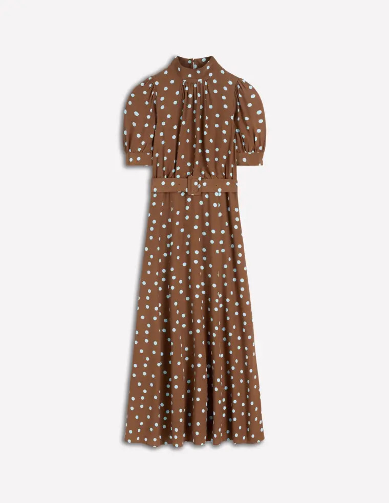 High Neck Belted Dress-Raw Umber, Painted Dot | Boden UK