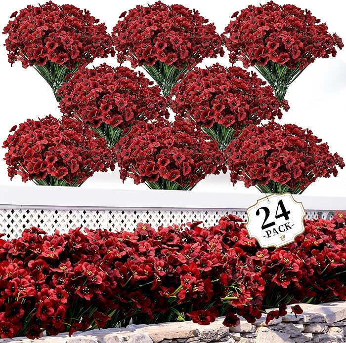 ColoPlay 24 Bundles Burgundy Artificial Flowers for Outdoors Fake Plant Mum | Amazon (US)