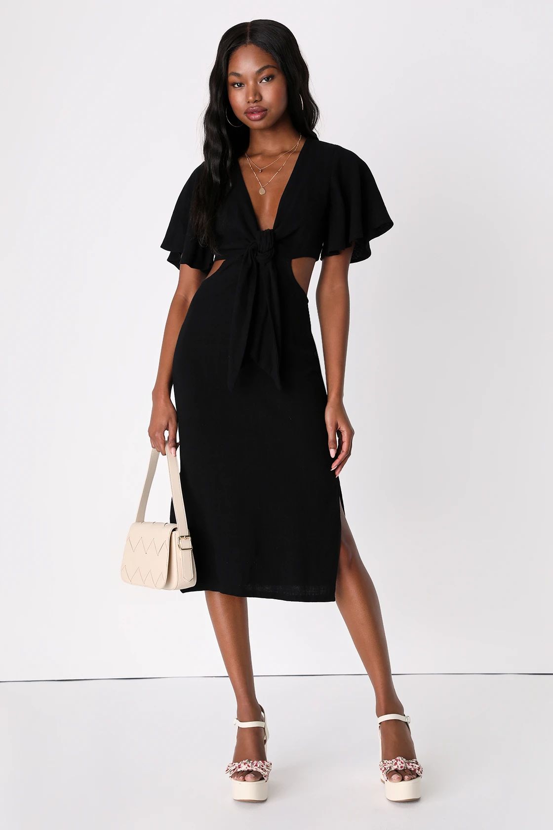 Summer Journey Black Tie-Front Cutout Midi Dress | Lulus (US)