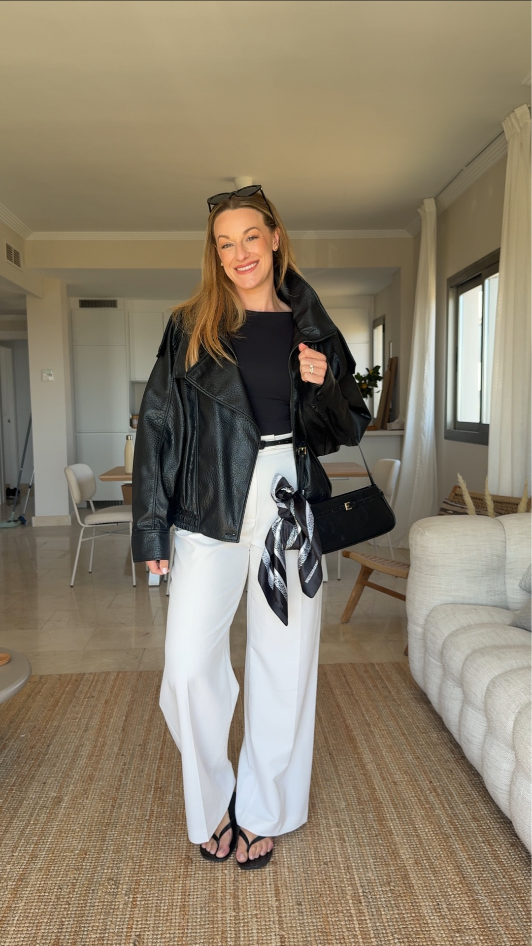 Mid-size spring outfit size 12 to 14 UK, white wide leg trousers, black tank top, black Zara oversized viral leather jacket, black handbag, black leather sandals, spring outfit, midsize spring outfit,  ￼

#LTKspring #LTKuk #LTKmidsize
